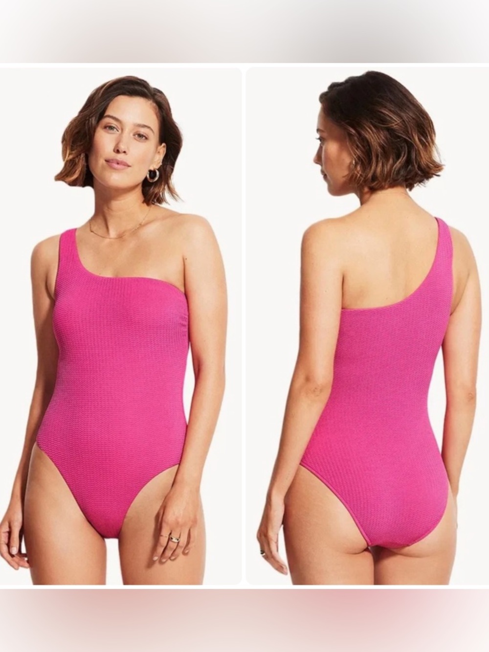 Seafolly Sea Dive Fuchsia Pink One-Shoulder Textured One-Piece Swimsuit NWT $125